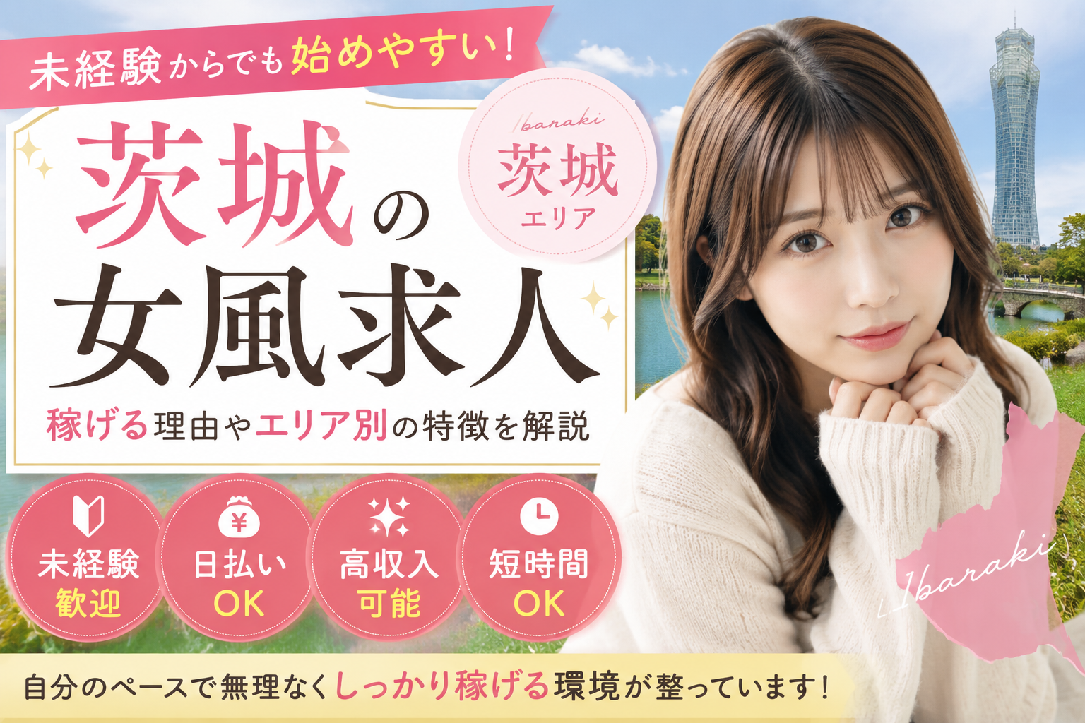 茨城の女性用風俗(女風)求人を紹介するアイキャッチ画像。未経験歓迎・日払いOK・高収入・短時間OKなどの特徴を掲載